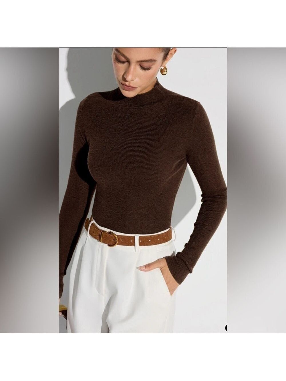 Brown Mock Neck Wool-Blend Knit Top